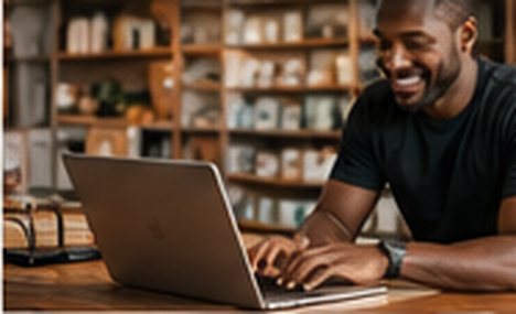 A shop owner working at a laptop behind the counter of his store