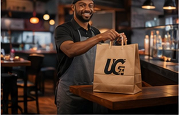 A restaurant owner handing a packed order across the counter